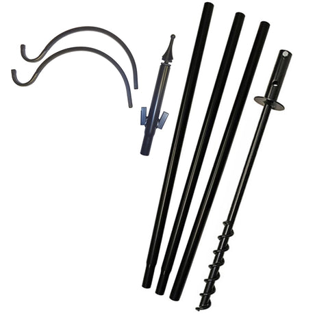 Two Arm Feeding Station with Twister Ground Socket, shown disassembled with tubular poles, auger base, spear top, and S-hooks for easy assembly and secure bird feeder hanging.