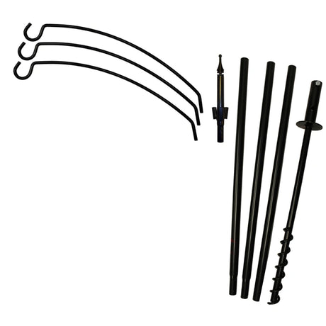Set of black metal hooks and stakes on a white background