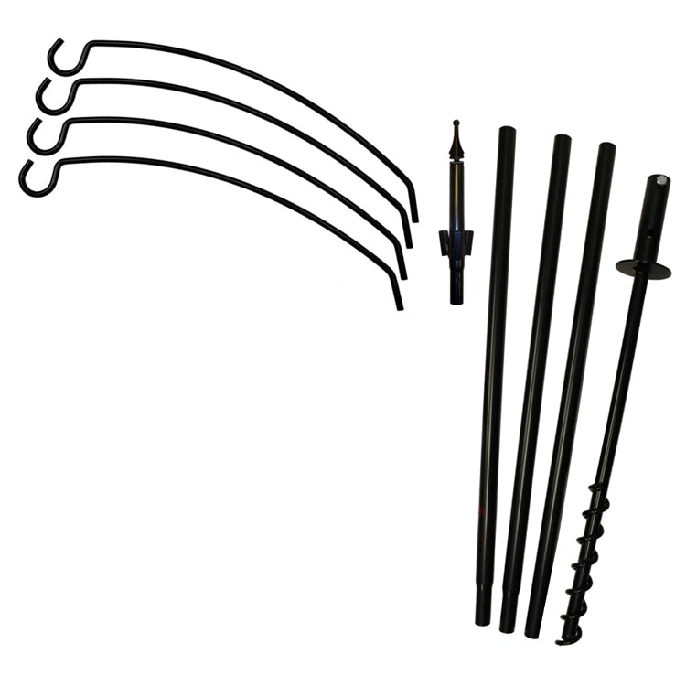 4 Arm Extended Reach Bird Feeding Station parts: four S-hooks, decorative finial, four pole sections, and auger-style ground anchor for assembling a sturdy bird feeding setup.