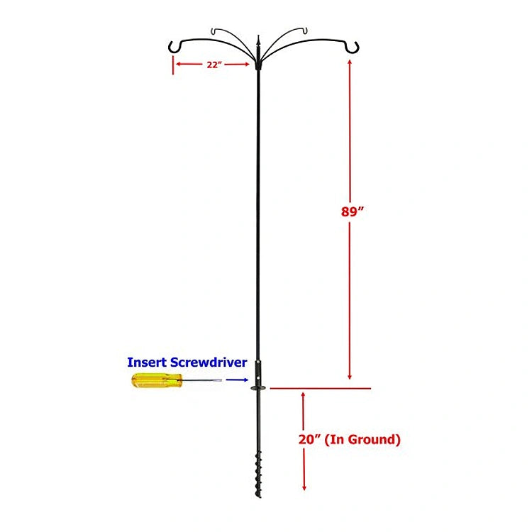 4 Arm Extended Reach Bird Feeding Station diagram showing dimensions and features, including 89 height, 22 hook reach, and twist-in ground socket for secure installation.