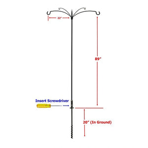 4 Arm Extended Reach Bird Feeding Station diagram showing dimensions and features, including 89 height, 22 hook reach, and twist-in ground socket for secure installation.