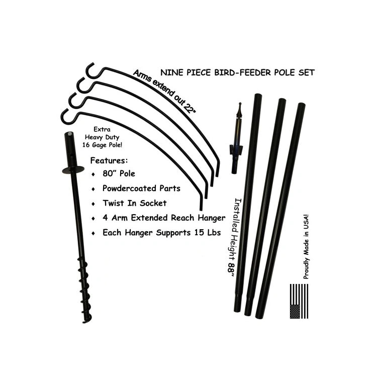 4 Arm Extended Reach Bird Feeding Station with a sectional pole, curved hanger arms, ground-auger base, and Proudly Made in USA label, shown in an exploded view.