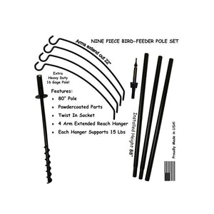 4 Arm Extended Reach Bird Feeding Station with a sectional pole, curved hanger arms, ground-auger base, and Proudly Made in USA label, shown in an exploded view.