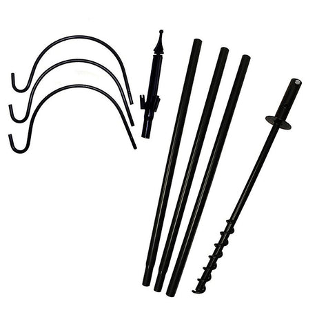 Super Tall Trio Hanger unassembled, showing ground-screw base, four pole sections, decorative top, and three S-hooks. Ideal for hanging lights, lanterns, or plants.