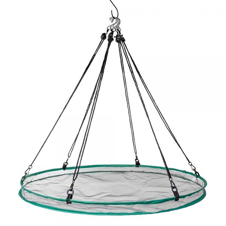 Round fishing net with green rim and hanging mechanism on a white background