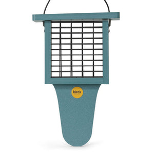 Suet Feeder with Tail Prop for Single Cake featuring a cage design, powder-coated screens, and a top-lifting roof for easy refilling.