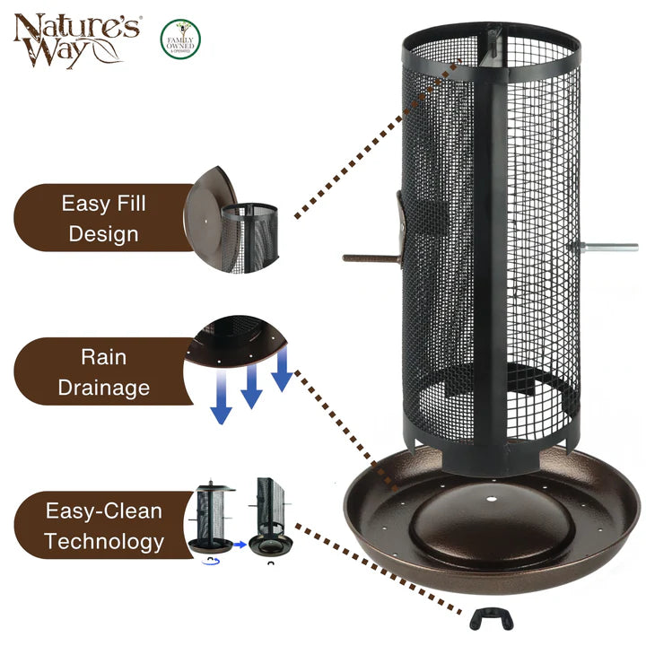 Beloved Bronze Dual-Chamber Metal Mesh Bird Feeder infographic highlighting dual seed chambers, durable metal mesh construction, and easy-to-clean design.