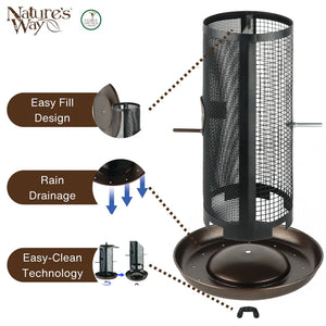 Beloved Bronze Dual-Chamber Metal Mesh Bird Feeder infographic highlighting dual seed chambers, durable metal mesh construction, and easy-to-clean design.
