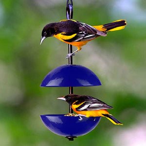 Mosaic Birds Hanging Double Poppy Feeder with two tiers, featuring Baltimore orioles feeding. Includes sturdy metal hanger and holds 4 oz in each glass dish.