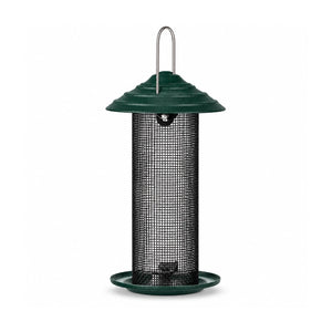 Green bird feeder with a black wire mesh tube, domed roof, and round seed tray on a white background.