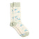 Cream hummingbird socks featuring blue hummingbirds in flight with sage green cuffs, heels and toes