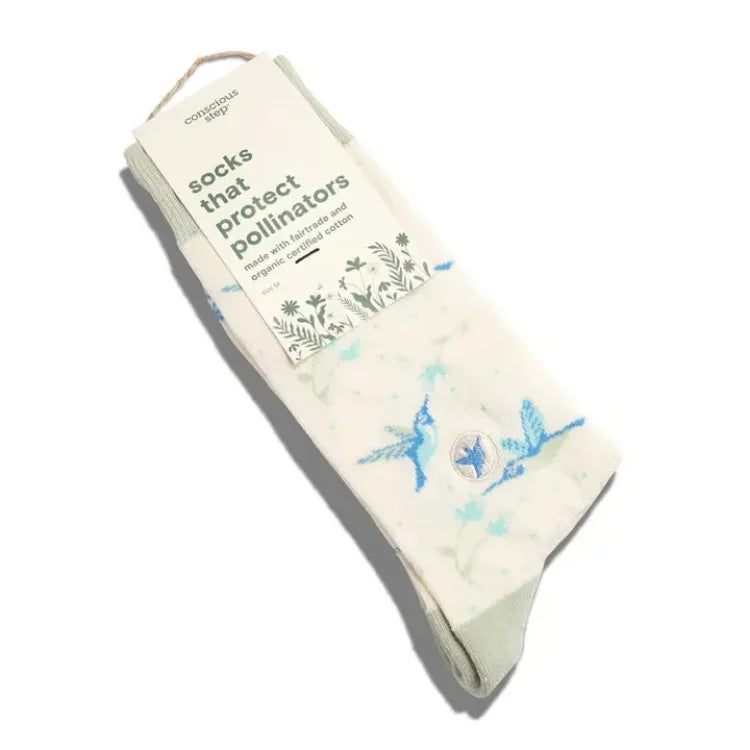 Conscious Step cream hummingbird socks with blue hummingbird designs and sustainable packaging