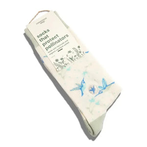 Conscious Step cream hummingbird socks with blue hummingbird designs and sustainable packaging