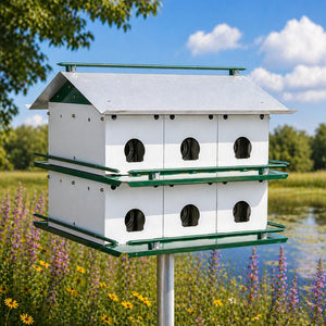 Purple Martin House  on a pole with a natural background of trees and flowers