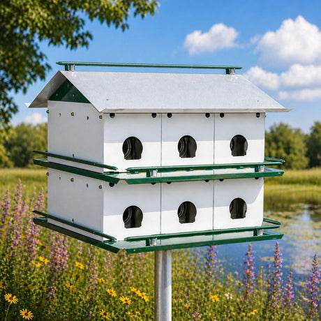 Purple Martin House  on a pole with a natural background of trees and flowers
