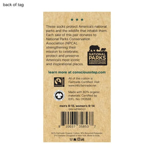 Back of a sock tag with branding and information about National Parks Conservation Association and Fairtrade certification.