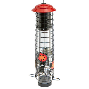 Ladybug Squirrel-Resistant Tube Feeder with a red roof, black cage, clear tube, seed ports, and perches, designed to deter squirrels and attract birds.