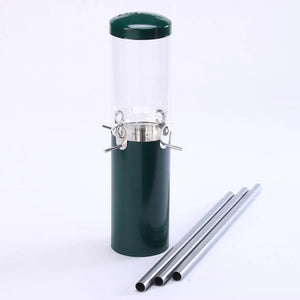 Birds Choice squirrel-proof pole-mounted bird feeder with green steel baffle, clear seed tube, four metal perches, and three-section aluminum mounting pole.