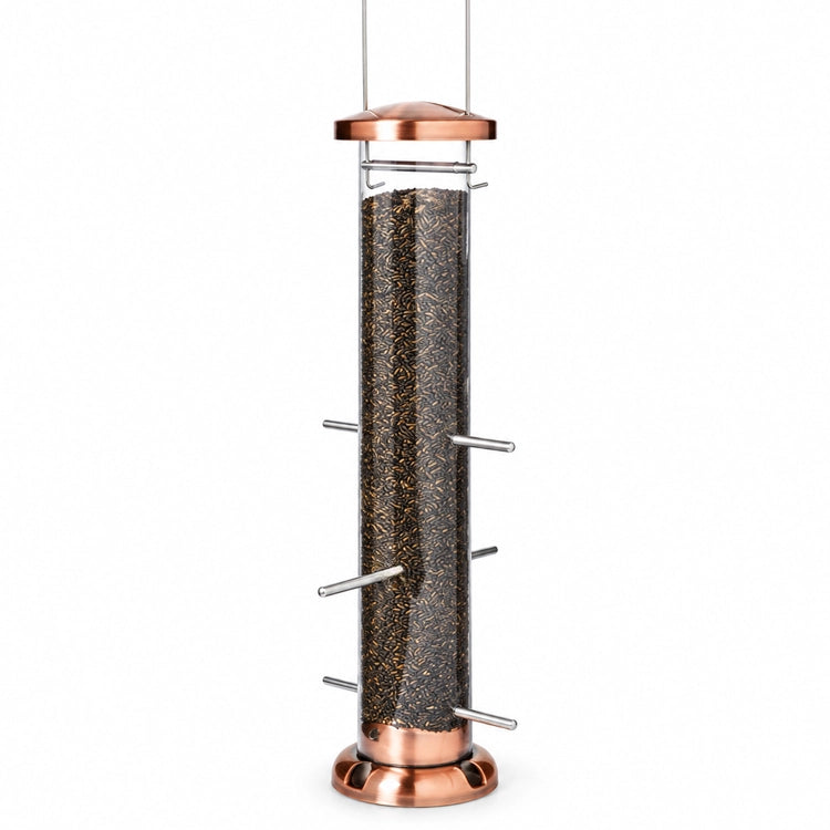 Copper Nyjer seed tube feeder with six metal perches and a clear seed reservoir on a white background.