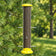 Yellow Nyjer tube bird feeder filled with seed, hanging beside pine branches in a sunlit green backyard.