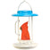Bird feeder with a blue top and clear body featuring a red cardinal design on a white background