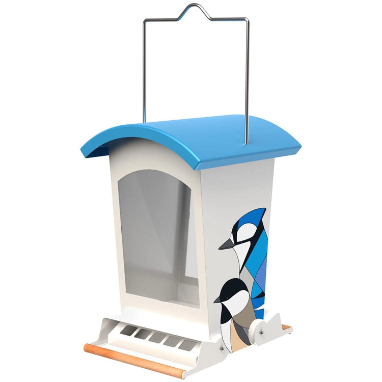 Bird feeder with blue roof and bird illustrations on a white background