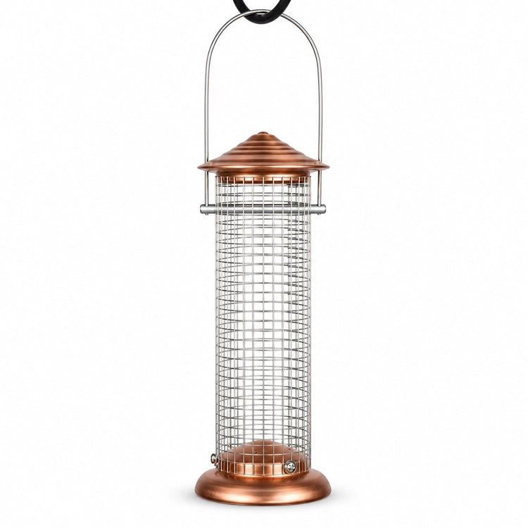 Mini copper sunflower bird feeder with a silver wire mesh tube, tiered copper roof, and rounded base on a white background.
