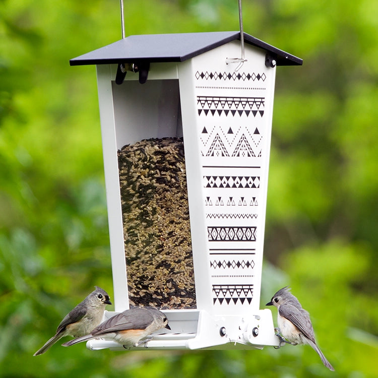 Snack Shack Nordic Habitat Squirrel-Resistant Feeder with geometric patterns, three songbirds perched, and visible seed through clear windows. White finish with black roof.
