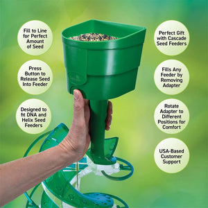 Green seed scoop with hand holding it against a green background