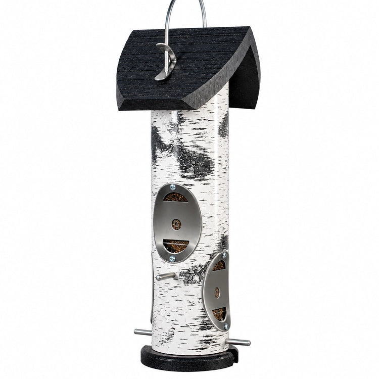 Birch log tube bird feeder with black roof, silver metal feeding ports and perches, and hanging hook on white background.