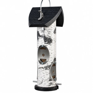 Birch log tube bird feeder with black roof, silver metal feeding ports and perches, and hanging hook on white background.