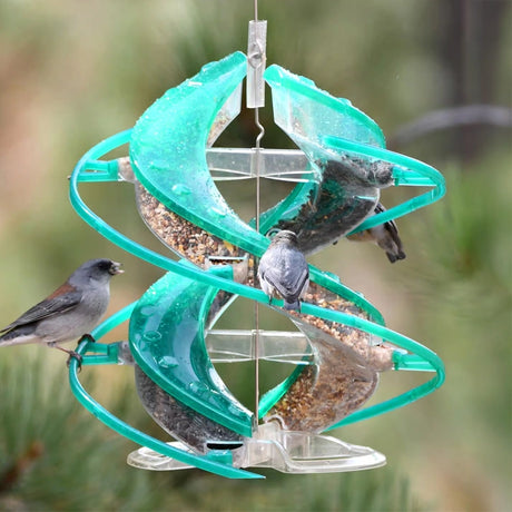 Turquoise spiral bird feeder with birds perched on it against a blurred green background