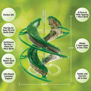 Green spiral bird feeder with features highlighted on a green background