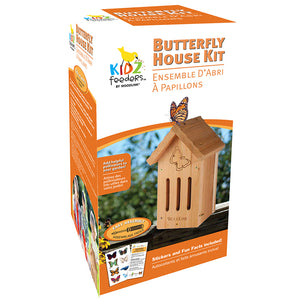 Butterfly House DIY Craft Kit box featuring assembly instructions and decorative stickers for building a butterfly nesting house with fly-through openings, suitable for children ages 5 and up.