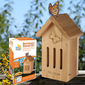 Butterfly House DIY Craft Kit featuring a wooden house with fly-through openings. Includes decorative stickers and fun facts for a family-friendly nature activity.