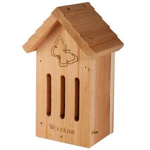Wooden DIY Butterfly House Kit with a butterfly design, featuring three vertical fly-through openings and made from rugged Western cedar.