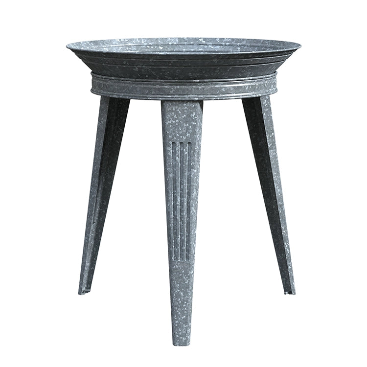 Vintage Galvanized Metal Bird Bath: a shallow, circular dish on a three-legged stand, perfect for birds to drink and preen; made of galvanized steel.