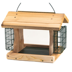 Premier Cedar Feeder with Suet Cages features a wooden platform with roof, dual wire suet cages, and metal mesh floor for drainage. Includes cable hanger.