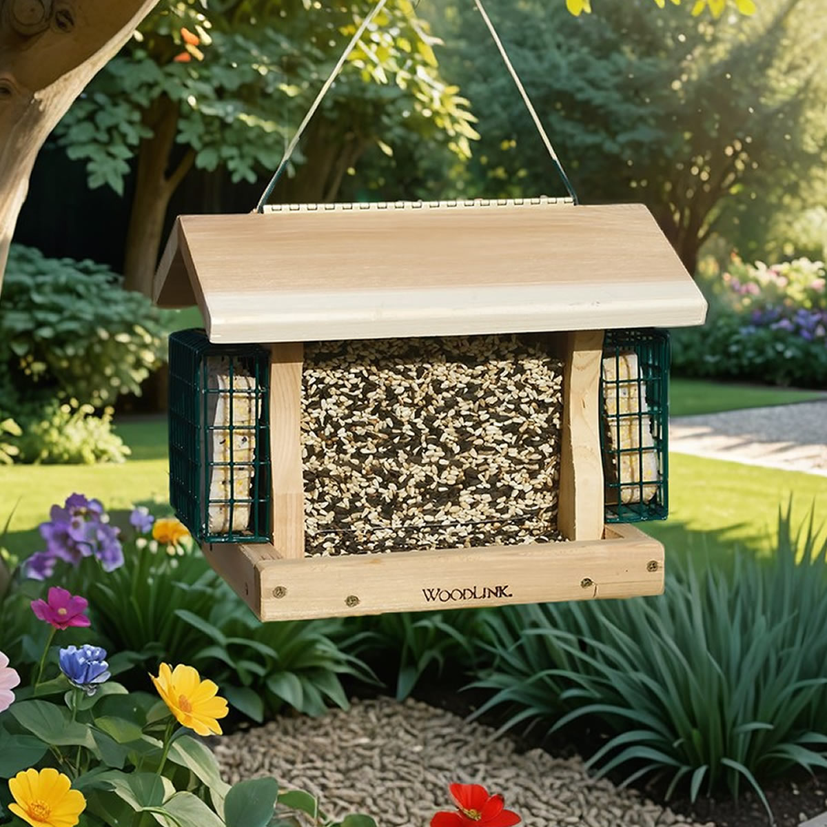 Premier Cedar Feeder with Suet Cages hangs from a tree, showcasing a wooden design with suet cages and seed block, enhancing bird attraction from all sides.