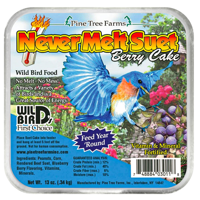 Never Melt Berry Suet Cakes, 12 Cakes—wild bird food with peanuts, corn, suet, blueberry flavor, fortified with vitamins. No-melt formula, ideal for warm weather, 13 oz each.