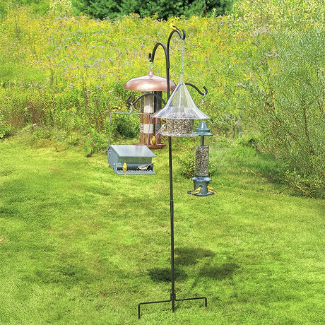 Heavy Duty Magnum Quad Hanger with four bird feeders on a pole, showcasing staggered arms for bird watching, made from rust-resistant steel.
