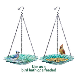 Illustration of the EcoCycle Turquoise Dahlia Hanging Bird Bath showing dual functionality as both a bird bath and bird feeder with hanging chain assembly.