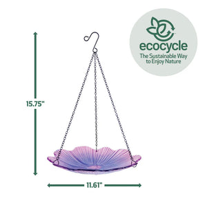 Product dimension diagram of the EcoCycle Violet Begonia Hanging Bird Bath showing overall hanging height, basin width, and EcoCycle recycled glass design.