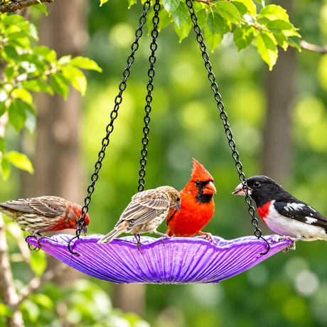 EcoCycle Violet Begonia Hanging Bird Bath attracting colorful birds, showcasing the basin's dual use as a bird bath or feeder.