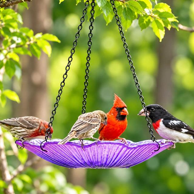 EcoCycle Violet Begonia Hanging Bird Bath attracting colorful birds, showcasing the basin's dual use as a bird bath or feeder.