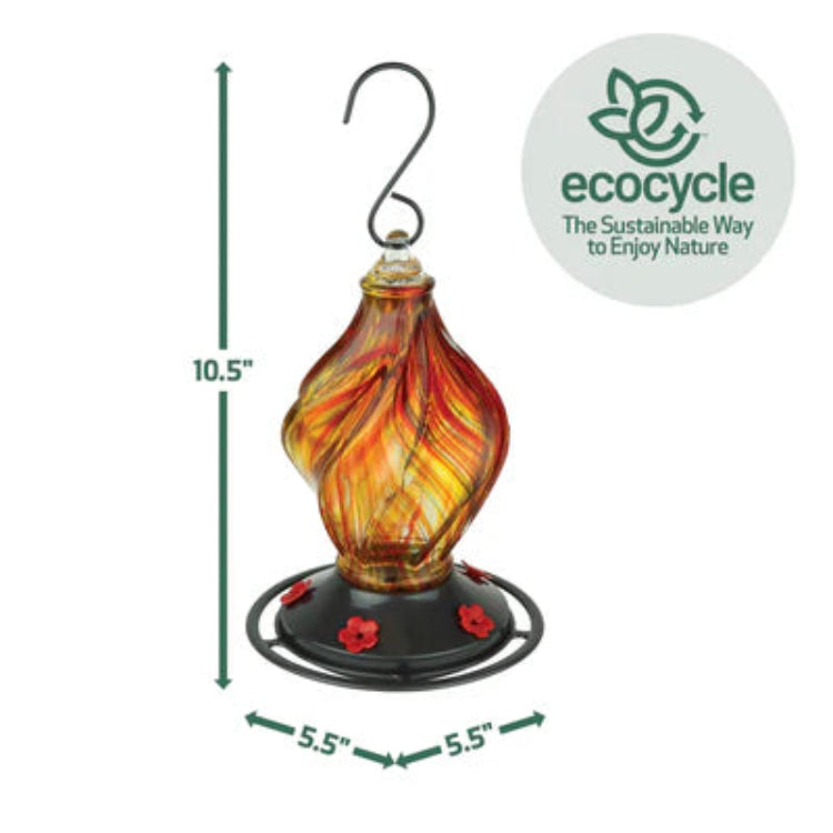 Product dimension diagram of the EcoCycle Sunburst Sipper handblown recycled glass hummingbird feeder showing overall height, width, and hanging hardware.
