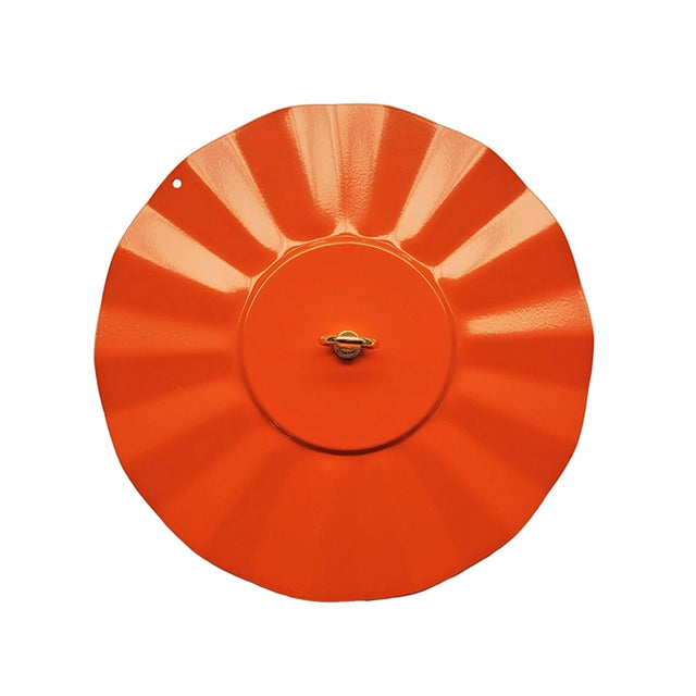 Orange hanging weather baffle with white background. 