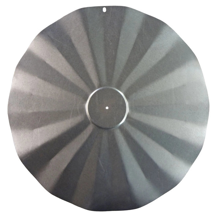 Economical Extra Large Hanging Baffle: A circular metal disc with radial flutes, designed to prevent squirrels from accessing bird feeders. Includes mounting hole and hardware.