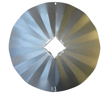 Economical 4 x 4 Disk Squirrel Baffle, Galvanized Finish, showing a conical, radial-creased steel panel with a central diamond cut-out for securing around posts, preventing squirrel access.