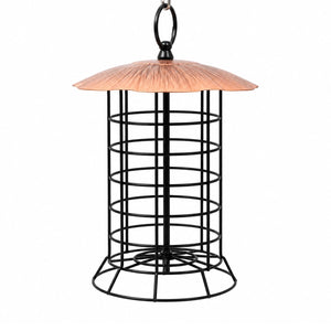 A hanging bird feeder with a black metal wire cage body, a copper-colored conical roof, and a black hanging loop at the top, shown against a plain white background.